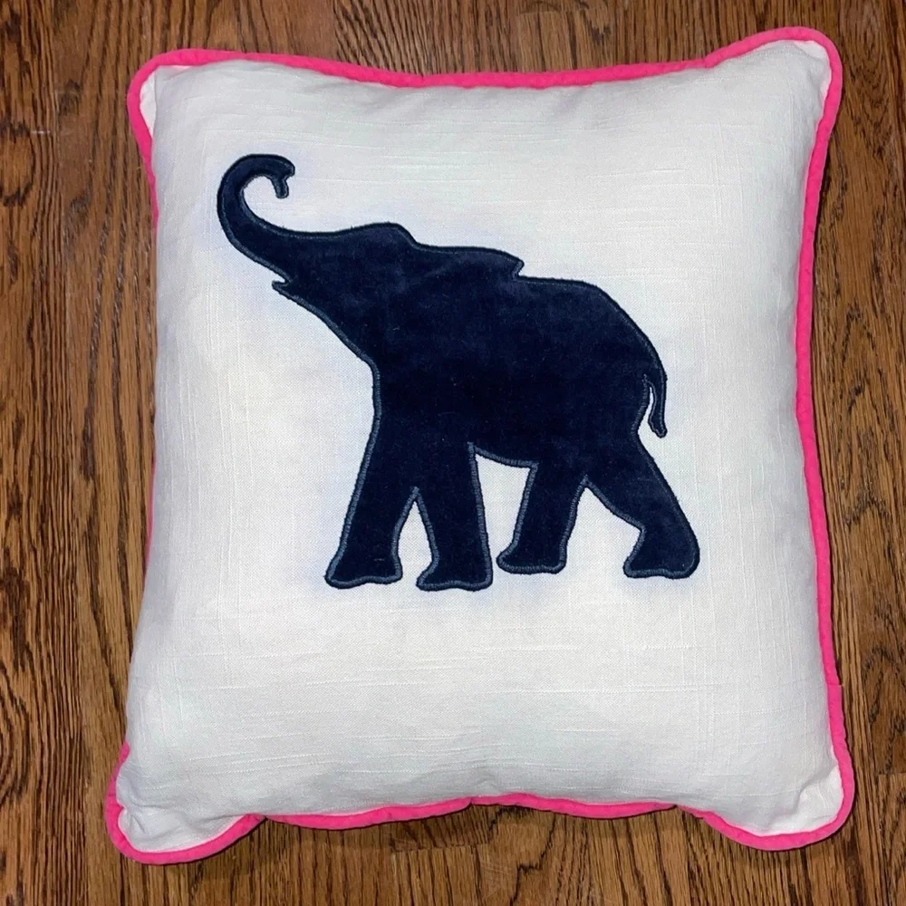 Elephant Square Pillow -White Canvas, Pink, Blue Velvet Elephant 16x17 Alabama